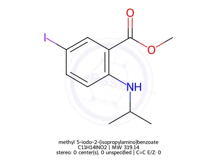 Chemical structure of methyl 5-iodo-2-(isopropylamino)benzoate