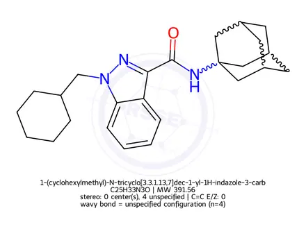 Chemical structure of 1-(cyclohexylmethyl)-N-tricyclo[3.3.1.13,7]dec-1-yl-1H-indazole-3-carboxamide