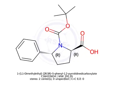 Chemical structure of 1-(1,1-Dimethylethyl) (2R,5R)-5-phenyl-1,2-pyrrolidinedicarboxylate