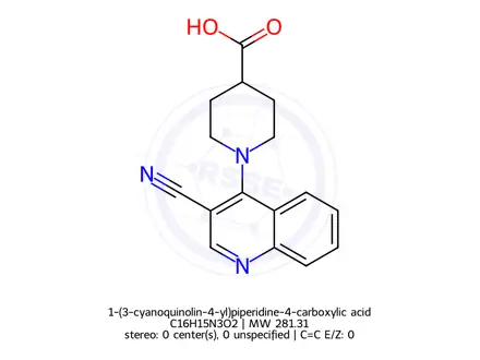 Chemical structure of 1-(3-cyanoquinolin-4-yl)piperidine-4-carboxylic acid