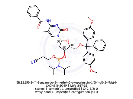 Chemical structure of (2R,3S,5R)-5-(4-Benzamido-5-methyl-2-oxopyrimidin-1(2H)-yl)-2-((bis(4-methoxyphenyl)(phenyl)methoxy)methyl)tetrahydrofuran-3-yl (2-cyanoethyl) diisopropylphosphoramidite