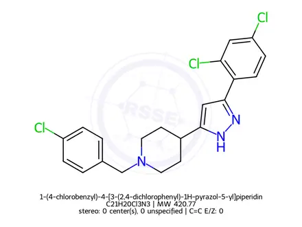 Chemical structure of 1-(4-chlorobenzyl)-4-[3-(2,4-dichlorophenyl)-1H-pyrazol-5-yl]piperidine