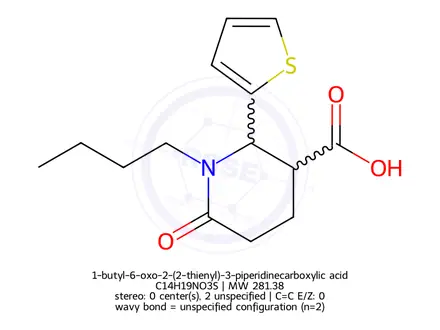 Chemical structure of 1-butyl-6-oxo-2-(2-thienyl)-3-piperidinecarboxylic acid