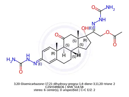 Chemical structure of 3,20-Disemicarbazone-17,21-dihydroxy-pregna-1,4-diene-3,11,20-trione 21-Acetate