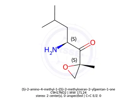 Chemical structure of (S)-2-amino-4-methyl-1-((S)-2-methyloxiran-2-yl)pentan-1-one