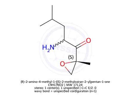 Chemical structure of (R)-2-amino-4-methyl-1-((S)-2-methyloxiran-2-yl)pentan-1-one