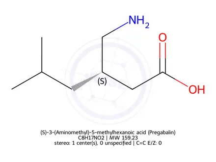 Chemical structure of (S)-3-(Aminomethyl)-5-methylhexanoic acid (Pregabalin)