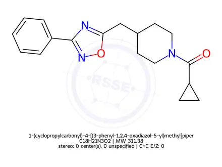 Chemical structure of 1-(cyclopropylcarbonyl)-4-[(3-phenyl-1,2,4-oxadiazol-5-yl)methyl]piperidine