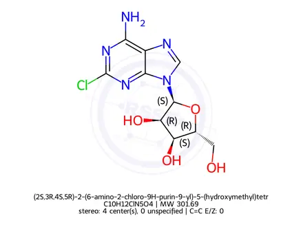 Chemical structure of (2S,3R,4S,5R)-2-(6-amino-2-chloro-9H-purin-9-yl)-5-(hydroxymethyl)tetrahydrofuran-3,4-diol hydrochlo