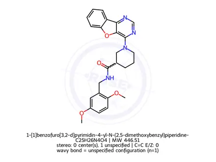 Chemical structure of 1-[1]benzofuro[3,2-d]pyrimidin-4-yl-N-(2,5-dimethoxybenzyl)piperidine-3-carboxamide