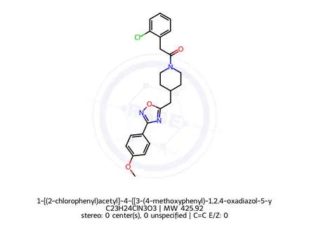 Chemical structure of 1-[(2-chlorophenyl)acetyl]-4-{[3-(4-methoxyphenyl)-1,2,4-oxadiazol-5-yl]methyl}piperidine