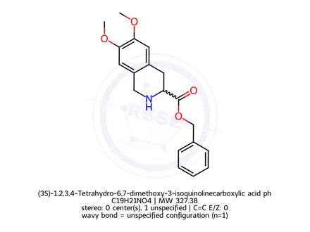 Chemical structure of (3S)-1,2,3,4-Tetrahydro-6,7-dimethoxy-3-isoquinolinecarboxylic acid phenylmethyl ester hydrochloride