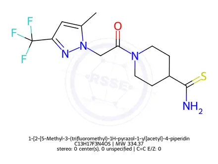 Chemical structure of 1-[2-[5-Methyl-3-(trifluoromethyl)-1H-pyrazol-1-yl]acetyl]-4-piperidinecarbothioamide