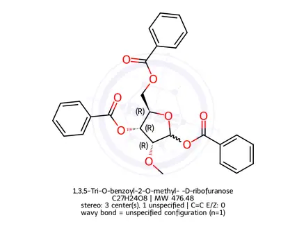 Chemical structure of 1,3,5-Tri-O-benzoyl-2-O-methyl-α-D-ribofuranose