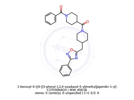 Chemical structure of 1-benzoyl-4-({4-[(3-phenyl-1,2,4-oxadiazol-5-yl)methyl]piperidin-1-yl}carbonyl)piperidine