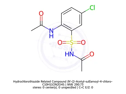 Chemical structure of Hydrochlorothiazide Related Compound (N'-(2-Acetyl-sulfamoyl-4-chloro-phenyl) Acetamide)