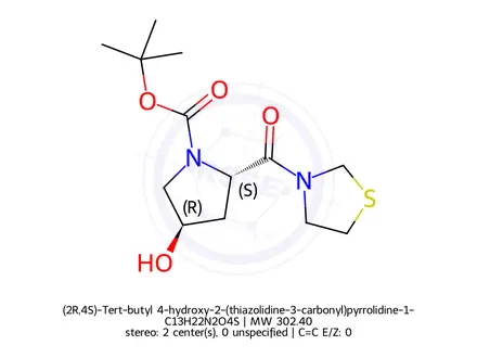 Chemical structure of (2R,4S)-Tert-butyl 4-hydroxy-2-(thiazolidine-3-carbonyl)pyrrolidine-1-carboxylate