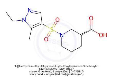 Chemical structure of 1-[(1-ethyl-5-methyl-1H-pyrazol-4-yl)sulfonyl]piperidine-3-carboxylic acid