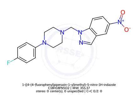 Chemical structure of 1-((4-(4-fluorophenyl)piperazin-1-yl)methyl)-5-nitro-1H-indazole