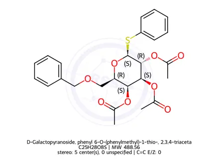 Chemical structure of β-D-Galactopyranoside, phenyl 6-O-(phenylmethyl)-1-thio-, 2,3,4-triacetate