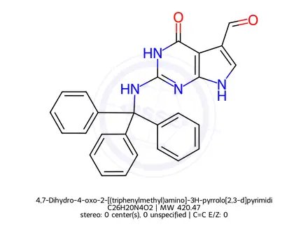 Chemical structure of 4,7-Dihydro-4-oxo-2-[(triphenylmethyl)amino]-3H-pyrrolo[2,3-d]pyrimidine-5-carboxaldehyde