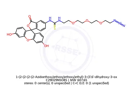 Chemical structure of 1-(2-(2-(2-(2-Azidoethoxy)ethoxy)ethoxy)ethyl)-3-(3',6'-dihydroxy-3-oxo-3h-spiro[isobenzofuran-1,9'-xanthen]-5-yl)thiourea