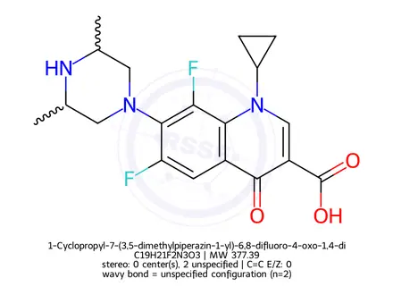 Chemical structure of 1-Cyclopropyl-7-(3,5-dimethylpiperazin-1-yl)-6,8-difluoro-4-oxo-1,4-dihydroquinoline-3-carboxylic Acid