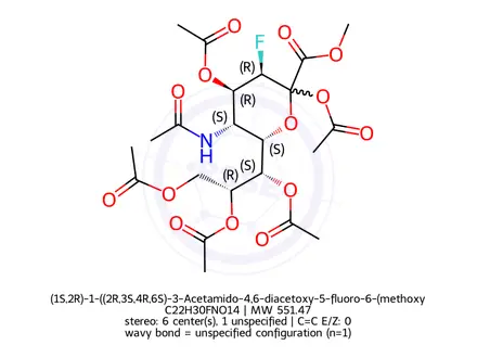Chemical structure of (1S,2R)-1-((2R,3S,4R,6S)-3-Acetamido-4,6-diacetoxy-5-fluoro-6-(methoxycarbonyl)tetrahydro-2H-pyran-2-yl)propane-1,2,3-triyl triacetate
