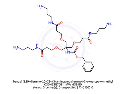 Chemical structure of benzyl (1,19-diamino-10-((3-((3-aminopropyl)amino)-3-oxopropoxy)methyl)-5,15-dioxo-8,12-dioxa-4,16-diazanonadecan-10-yl)carbamate