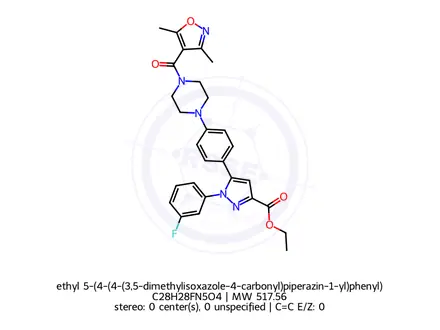Chemical structure of ethyl 5-(4-(4-(3,5-dimethylisoxazole-4-carbonyl)piperazin-1-yl)phenyl)-1-(3-fluorophenyl)-1H-pyrazole-3-carboxylate