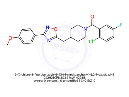 Chemical structure of 1-(2-chloro-5-fluorobenzoyl)-4-{[3-(4-methoxyphenyl)-1,2,4-oxadiazol-5-yl]methyl}piperidine