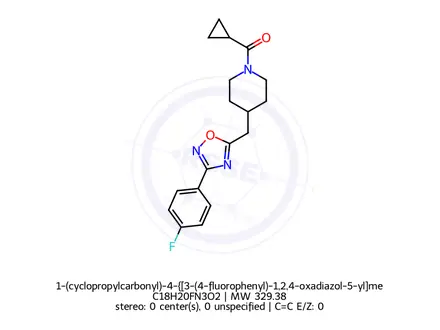 Chemical structure of 1-(cyclopropylcarbonyl)-4-{[3-(4-fluorophenyl)-1,2,4-oxadiazol-5-yl]methyl}piperidine