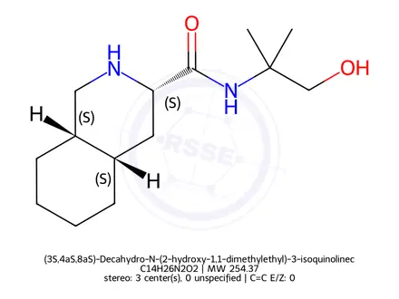 Chemical structure of (3S,4aS,8aS)-Decahydro-N-(2-hydroxy-1,1-dimethylethyl)-3-isoquinolinecarboxamide