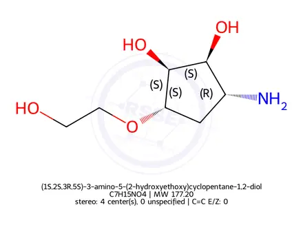 Chemical structure of (1S,2S,3R,5S)-3-amino-5-(2-hydroxyethoxy)cyclopentane-1,2-diol