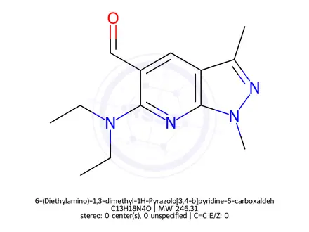 Chemical structure of 6-(Diethylamino)-1,3-dimethyl-1H-Pyrazolo[3,4-b]pyridine-5-carboxaldehyde