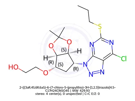Chemical structure of 2-(((3aR,4S,6R,6aS)-6-(7-chloro-5-(propylthio)-3H-[1,2,3]triazolo[4,5-d]pyrimidin-3-yl)-2,2-dimethyltetrahydro-3aH-cyclopenta[d][1,3]dioxol-4-yl)oxy)ethanol