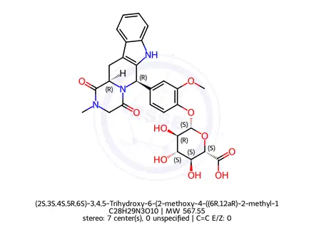 Chemical structure of (2S,3S,4S,5R,6S)-3,4,5-Trihydroxy-6-(2-methoxy-4-((6R,12aR)-2-methyl-1,4-dioxo-1,2,3,4,6,7,12,12a-octahydropyrazino[1`,2`,1,6]pyrido[3,4-b]indol-6-yl)phenoxy)tetrahydro-2H-pyran-2-carboxylic Acid
