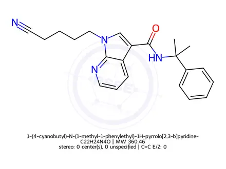 Chemical structure of 1-(4-cyanobutyl)-N-(1-methyl-1-phenylethyl)-1H-pyrrolo[2,3-b]pyridine-3-carboxamide