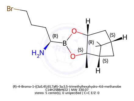 Chemical structure of (R)-4-Bromo-1-((3aS,4S,6S,7aR)-3a,5,5-trimethylhexahydro-4,6-methanobenzo[d][1,3,2]dioxaborol-2-yl)butan-1-amine hydrochloride