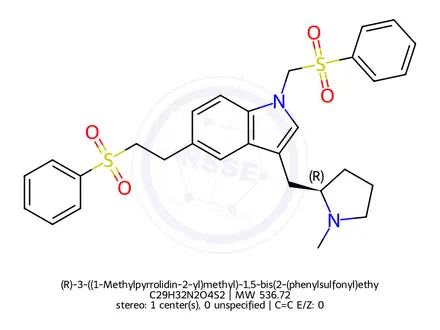 Chemical structure of (R)-3-((1-Methylpyrrolidin-2-yl)methyl)-1,5-bis(2-(phenylsulfonyl)ethyl)-1H-indole