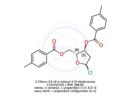 Chemical structure of 2-Deoxy-3,5-di-O-p-toluoyl-D-ribofuranosyl Chloride