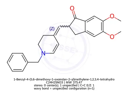 Chemical structure of 1-Benzyl-4-(5,6-dimethoxy-1-oxoindan-2-yl)methylene-1,2,3,4-tetrahydropyridine