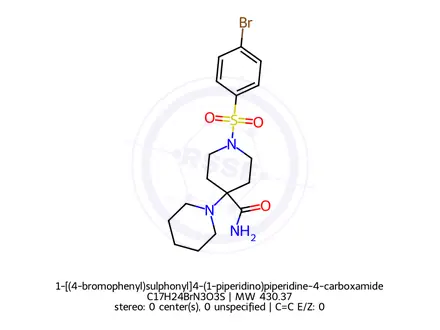 Chemical structure of 1-[(4-bromophenyl)sulphonyl]4-(1-piperidino)piperidine-4-carboxamide