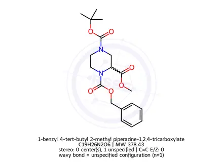 Chemical structure of 1-benzyl 4-tert-butyl 2-methyl piperazine-1,2,4-tricarboxylate