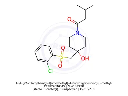 Chemical structure of 1-(4-{[(2-chlorophenyl)sulfonyl]methyl}-4-hydroxypiperidino)-3-methyl-1-butanone