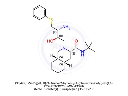 Chemical structure of (3S,4aS,8aS)-2-[(2R,3R)-3-Amino-2-hydroxy-4-(phenylthio)butyl]-N-(1,1-dimethylethyl)decahydro-3-isoquinolinecarboxamide