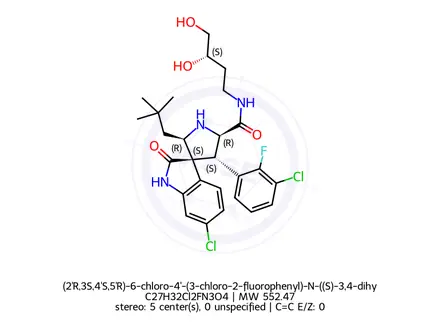 Chemical structure of (2'R,3S,4'S,5'R)-6-chloro-4'-(3-chloro-2-fluorophenyl)-N-((S)-3,4-dihydroxybutyl)-2'-neopentyl-2-oxospiro[indoline-3,3'-pyrrolidine]-5'-carboxamide