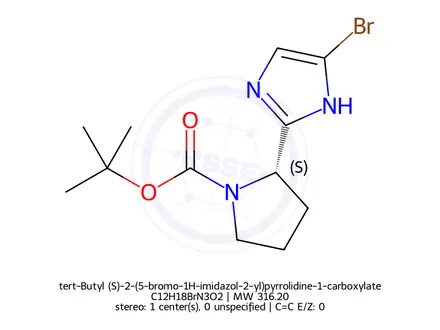 Chemical structure of tert-Butyl (S)-2-(5-bromo-1H-imidazol-2-yl)pyrrolidine-1-carboxylate