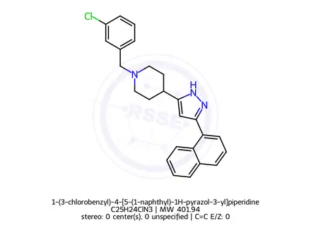 Chemical structure of 1-(3-chlorobenzyl)-4-[5-(1-naphthyl)-1H-pyrazol-3-yl]piperidine