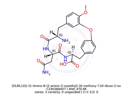 Chemical structure of (5S,8S,11S)-11-Amino-8-(2-amino-2-oxoethyl)-16-methoxy-7,10-dioxo-2-oxa-6,9-diaza-1(1,3),3(1,4)-dibenzenacyclododecaphane-5-carboxylic Acid